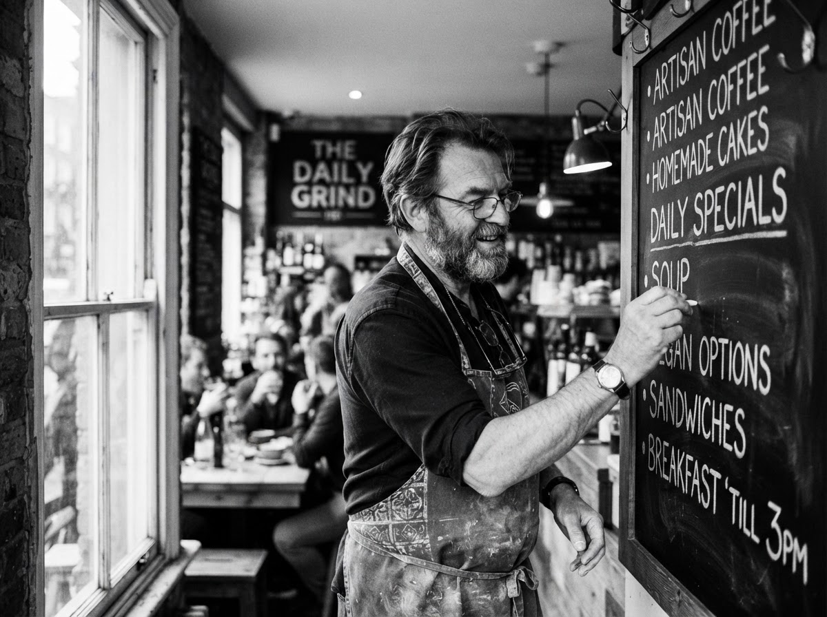 Cafe owner writing a menu board