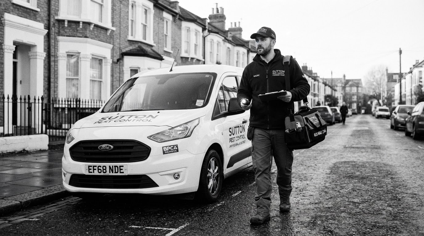 Pest control technician arriving with inspection equipment on residential street