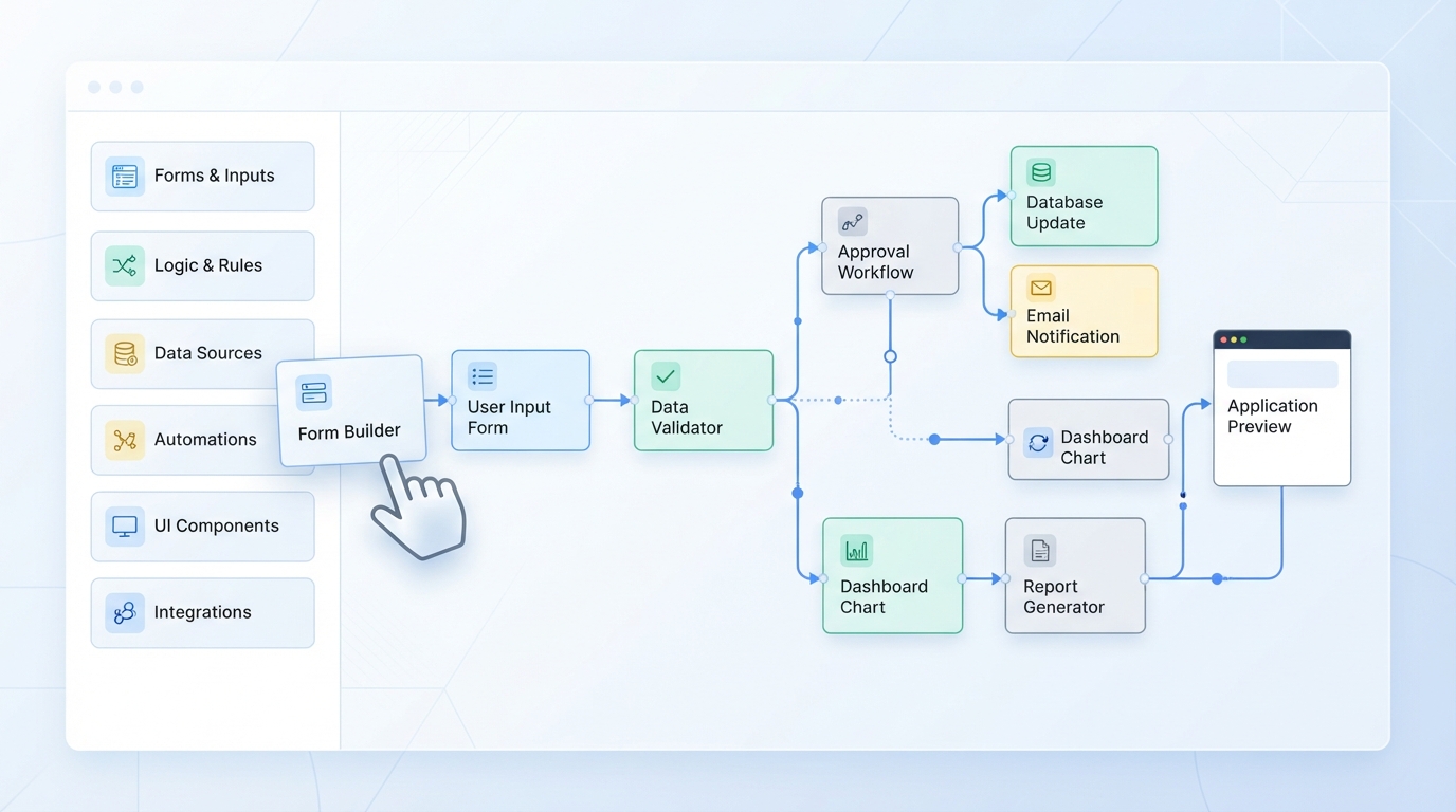 No-code and low-code development workflow with drag-and-drop visual building blocks