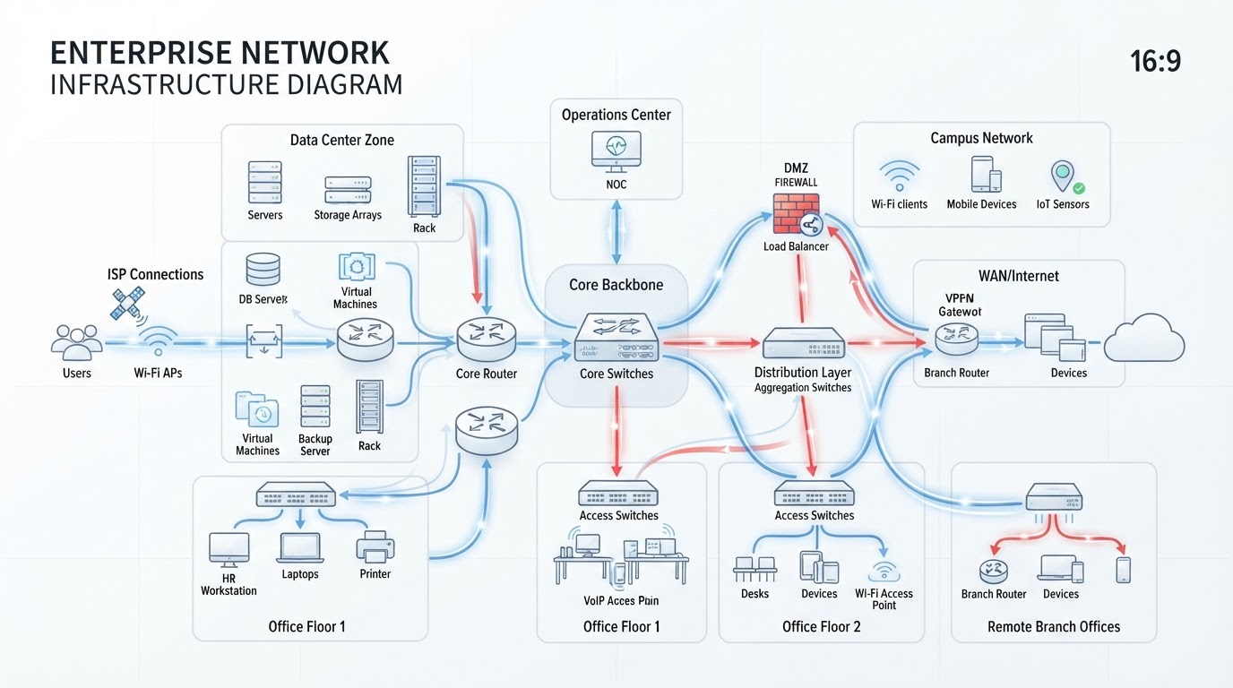 Enterprise network infrastructure with interconnected devices and data flow
