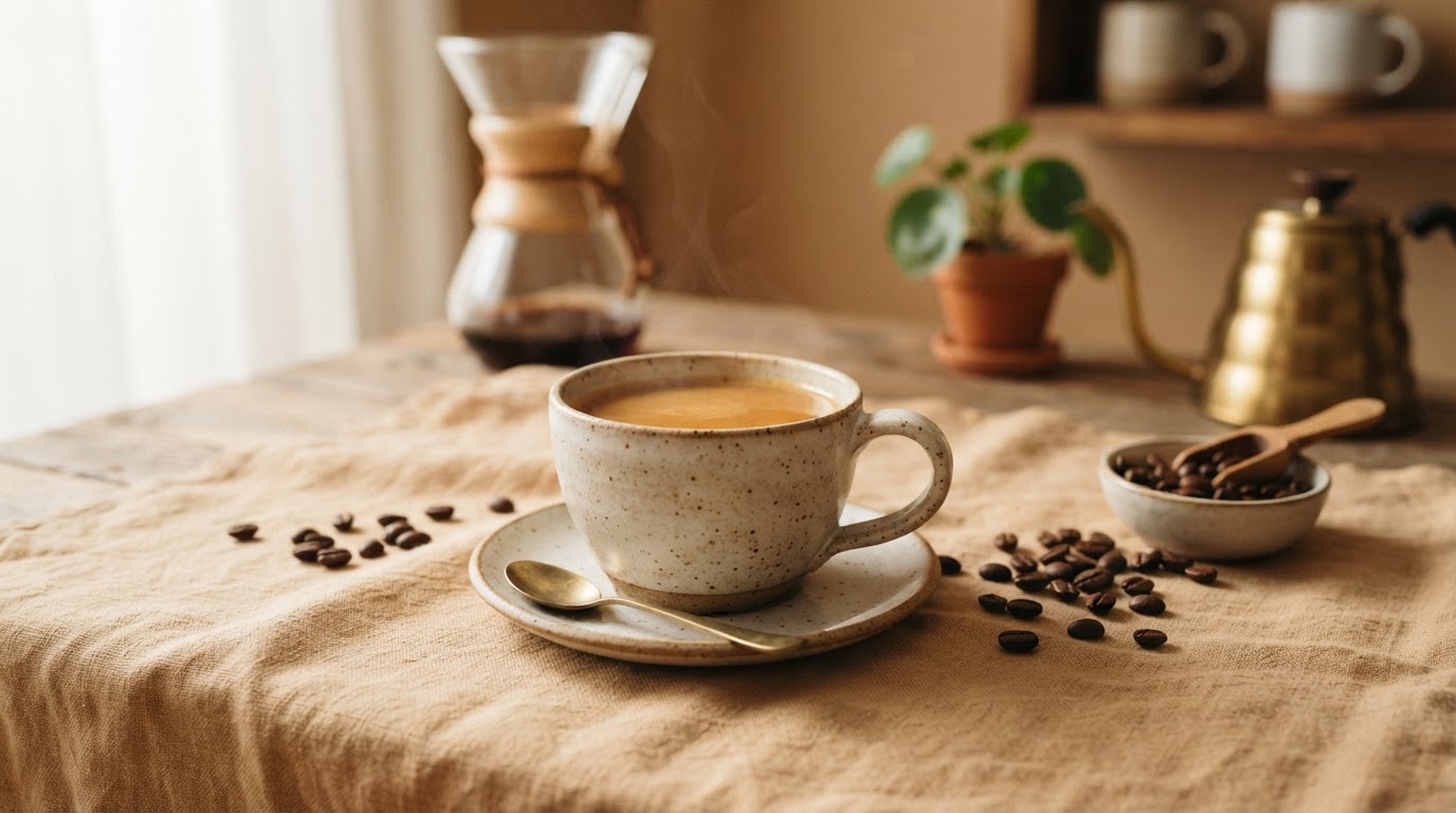 Cà phê pour-over trên nền vải lanh ấm áp