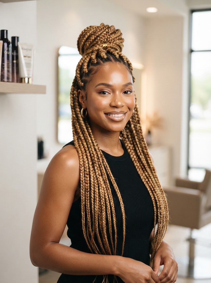 Jumbo knotless braids honey blonde half-up style Charlotte NC