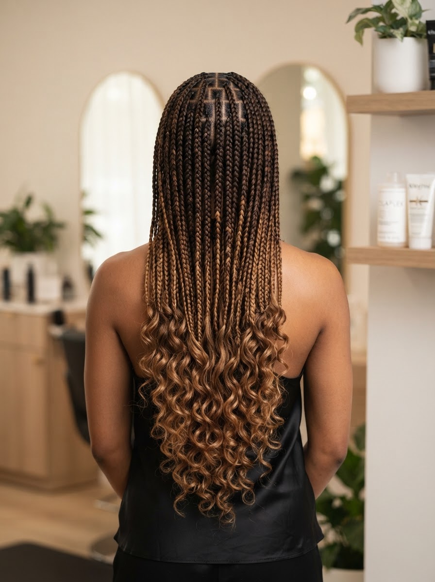 Bohemian knotless braids curly ends brown ombre Charlotte NC