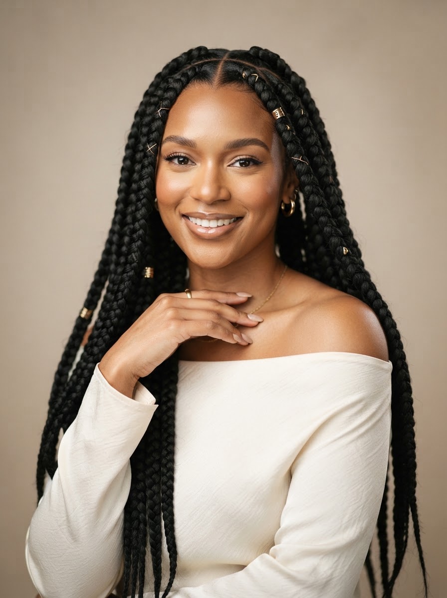 Long knotless braids half-up half-down style Charlotte NC