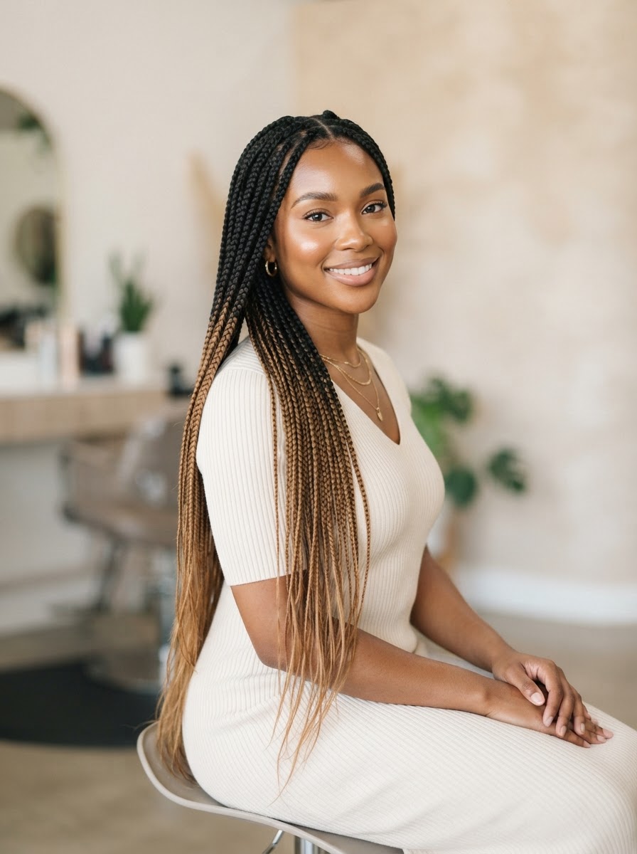 Knotless braids styled look Omega African Hair Braiding Charlotte