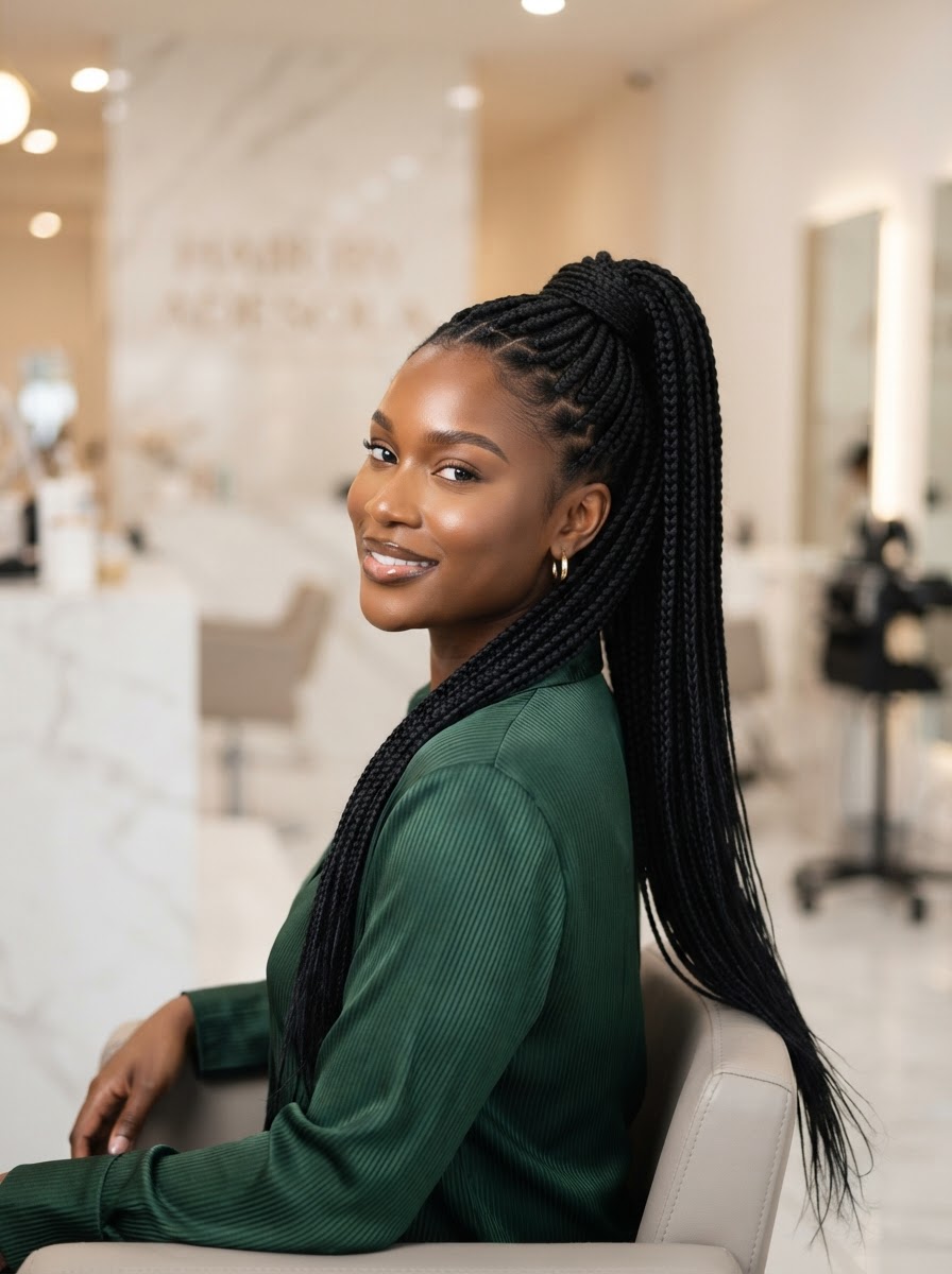 Long knotless braids high ponytail jet black Charlotte braiding salon