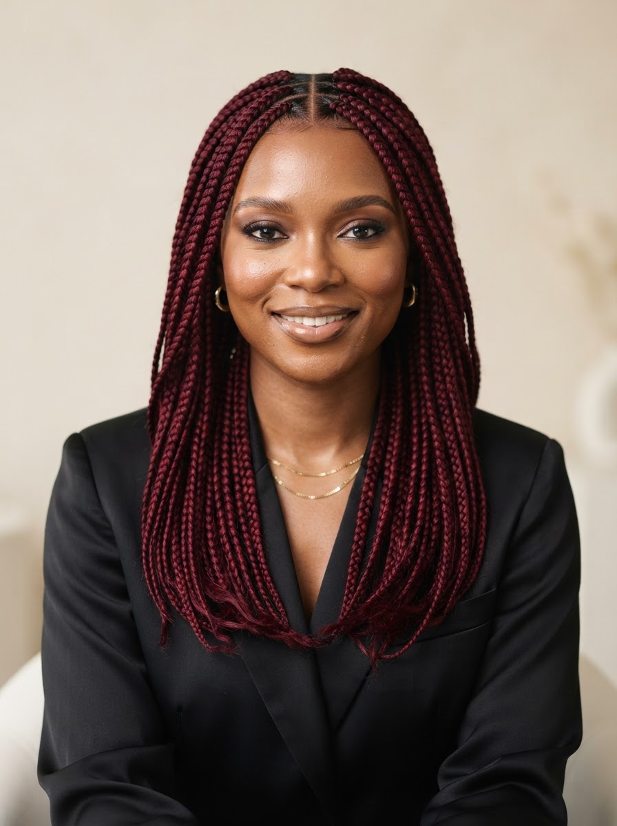 Medium knotless braids burgundy red color Charlotte braiding salon
