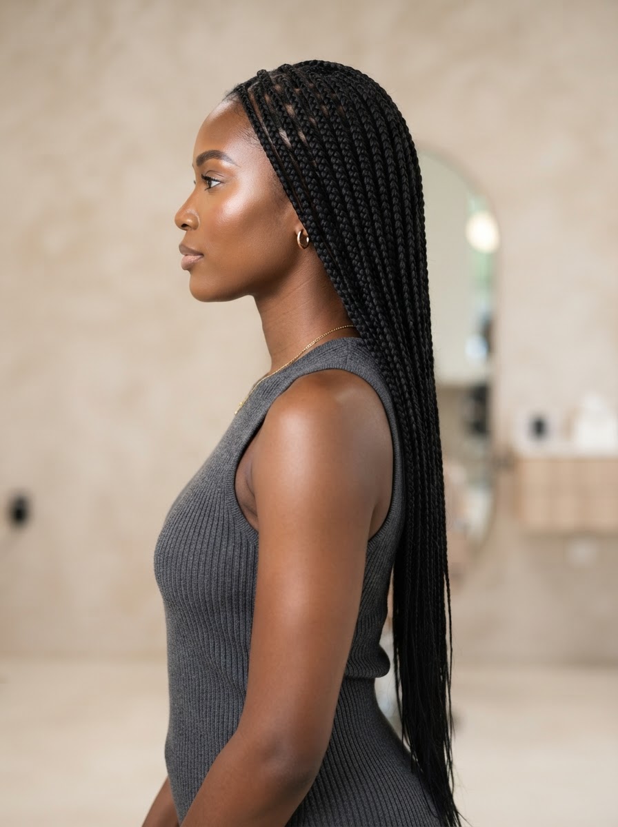 Waist-length small knotless box braids natural black Charlotte NC