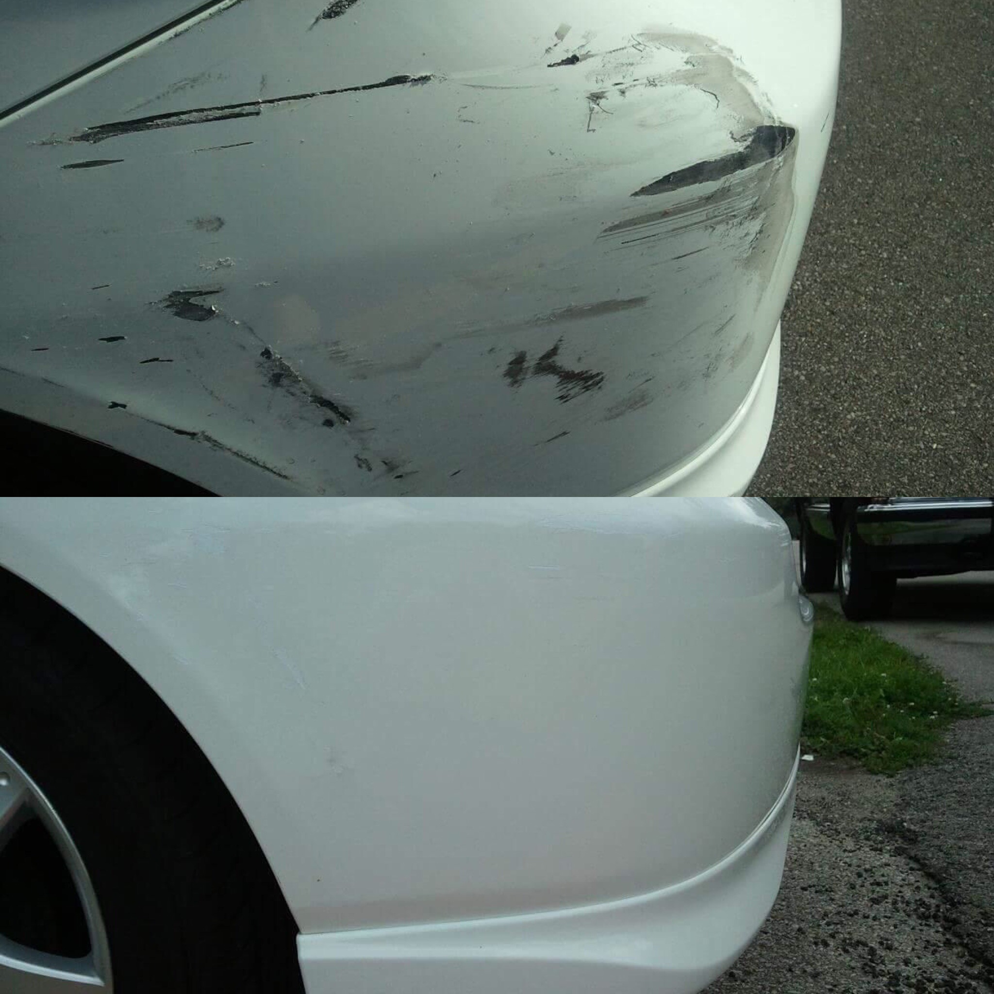 Before and after bumper scratch and paint repair performed by Exteriortec