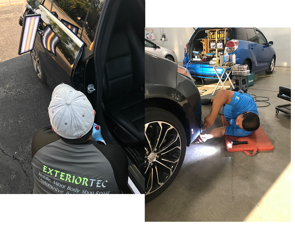 Exteriortec specialists performing mobile paintless dent repair and exterior detailing