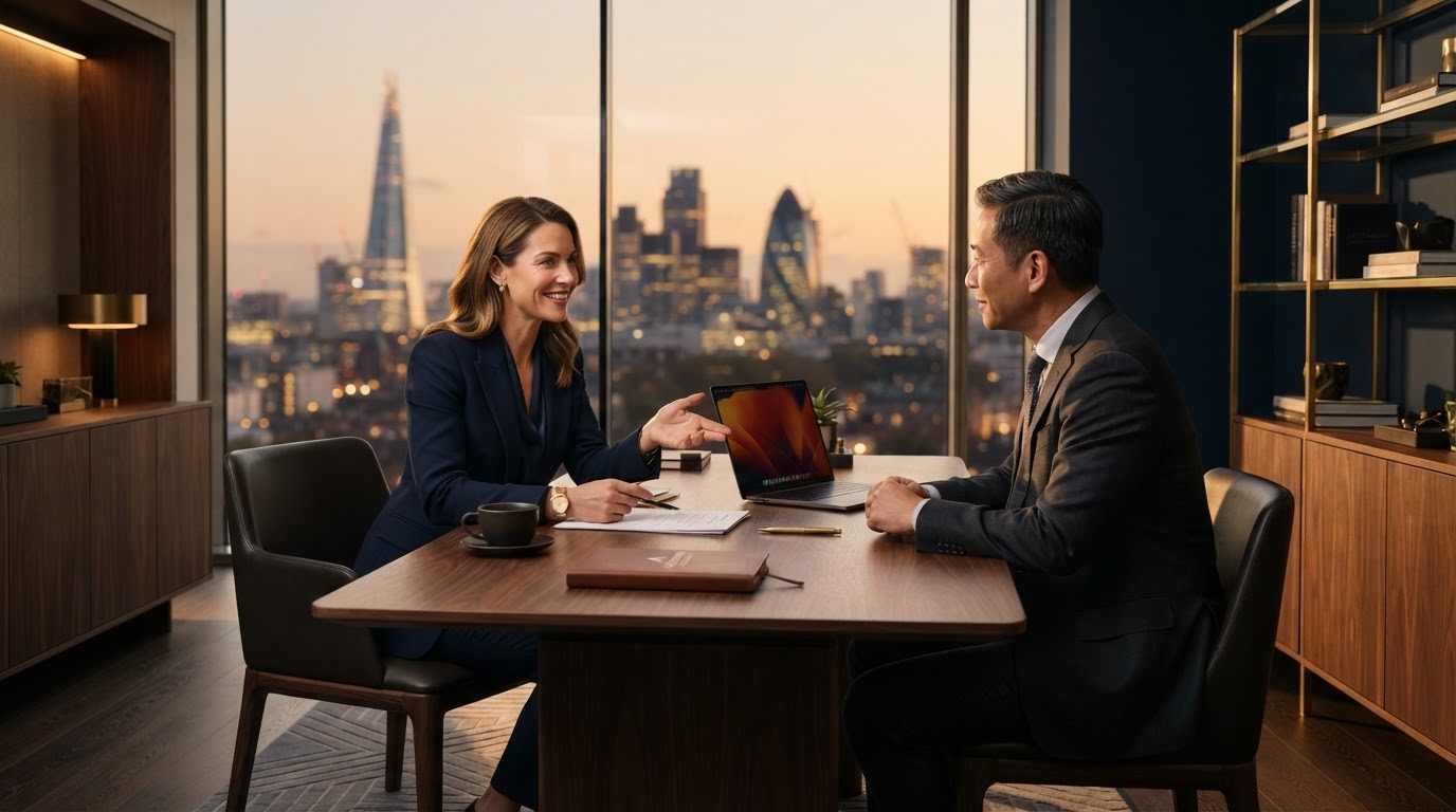 AGGARWALA Inc. consultation — modern executive office at golden hour