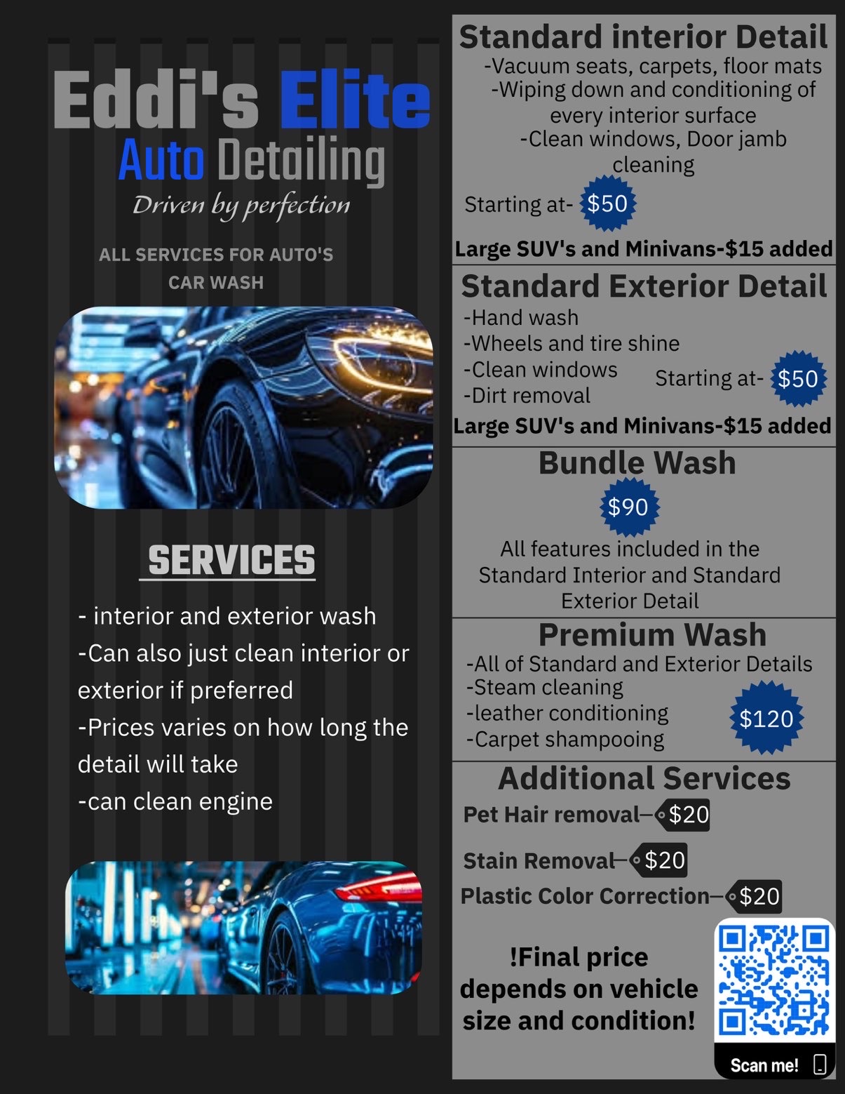 Eddi's Elite Auto Detailing flyer showing Standard Interior $50, Standard Exterior $50, Bundle Wash $90, Premium Wash $120, Add-ons $20