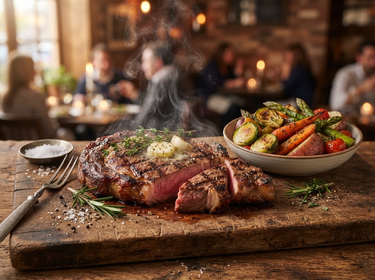 Grilled ribeye steak with roasted vegetables and herbs