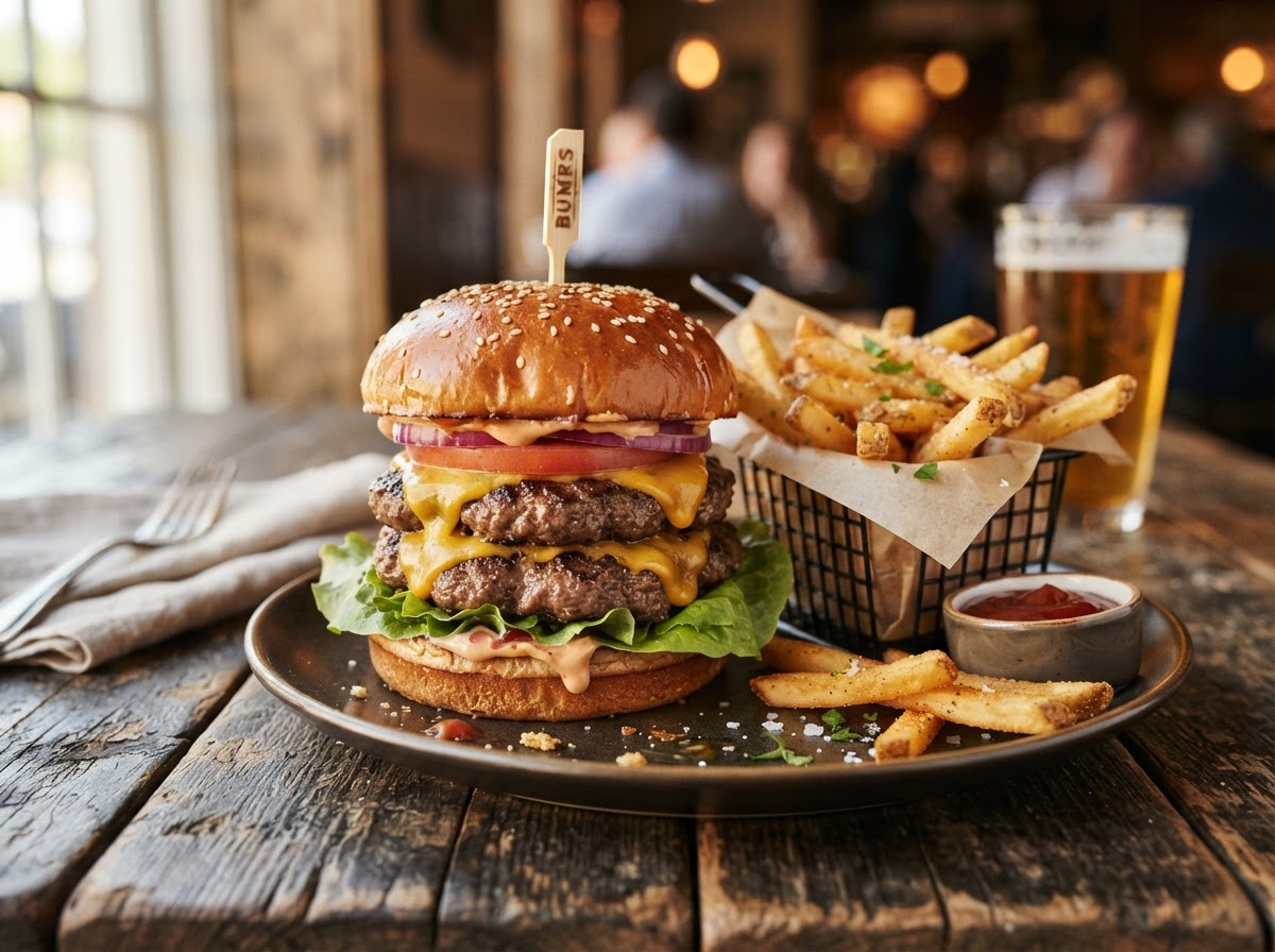 Juicy double cheeseburger with melted cheese and fries