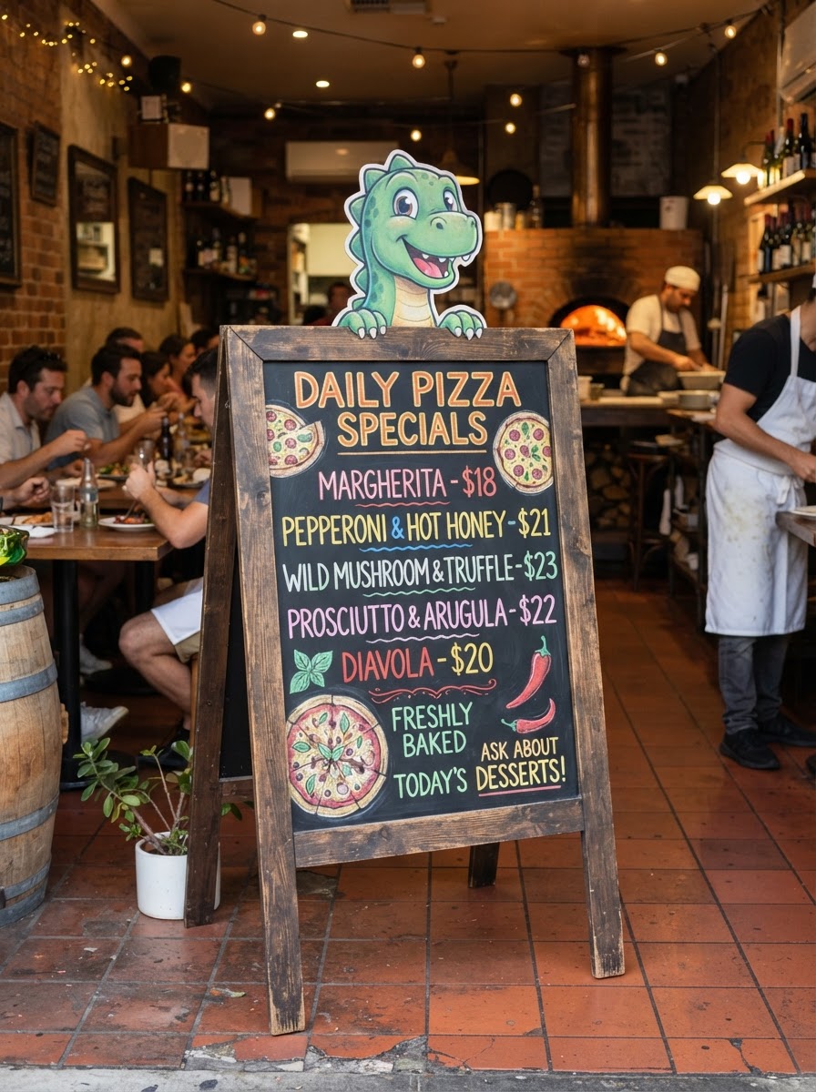 Stego's Pizzeria Dino Specials floor easel chalkboard showing Giant Slice + Breadsticks + Soda
