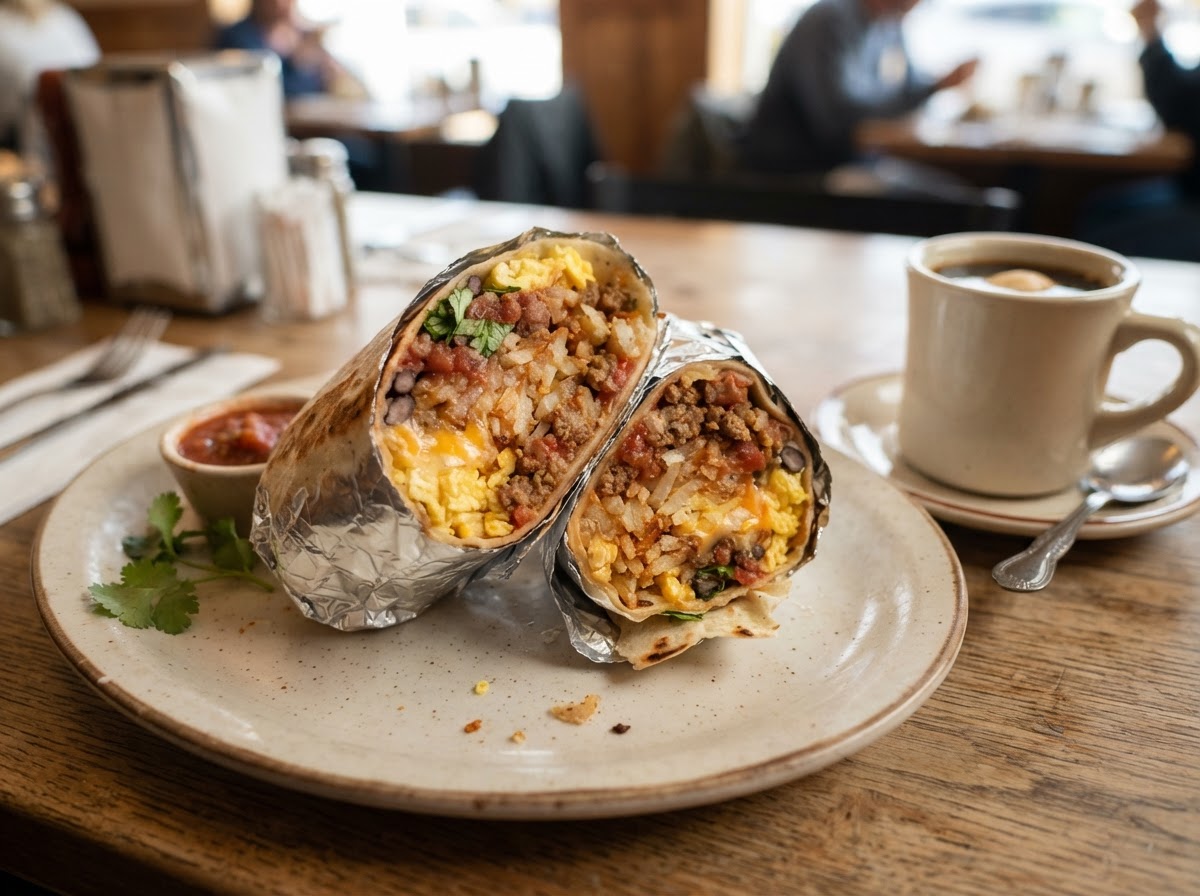 Breakfast burrito with hash browns and coffee