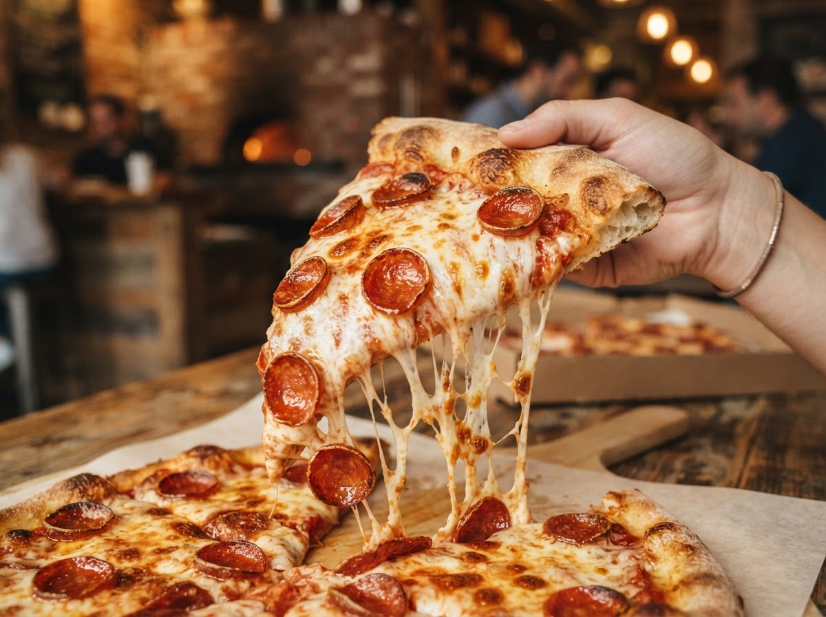 Pepperoni pizza slice with a stretchy cheese pull