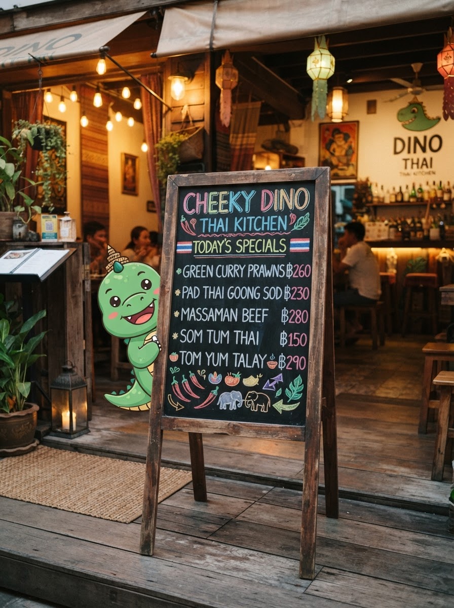 Uintah Thai Dino Specials floor easel chalkboard showing Green Curry Lunch Bowl Special