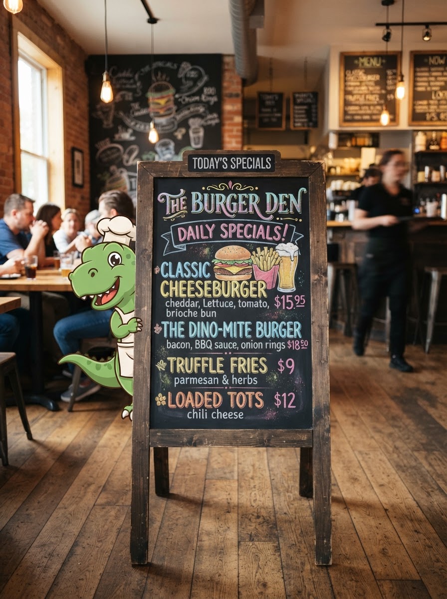 Baseline Burgers Dino Specials floor easel chalkboard showing Double Truffle Burger + Fries Combo
