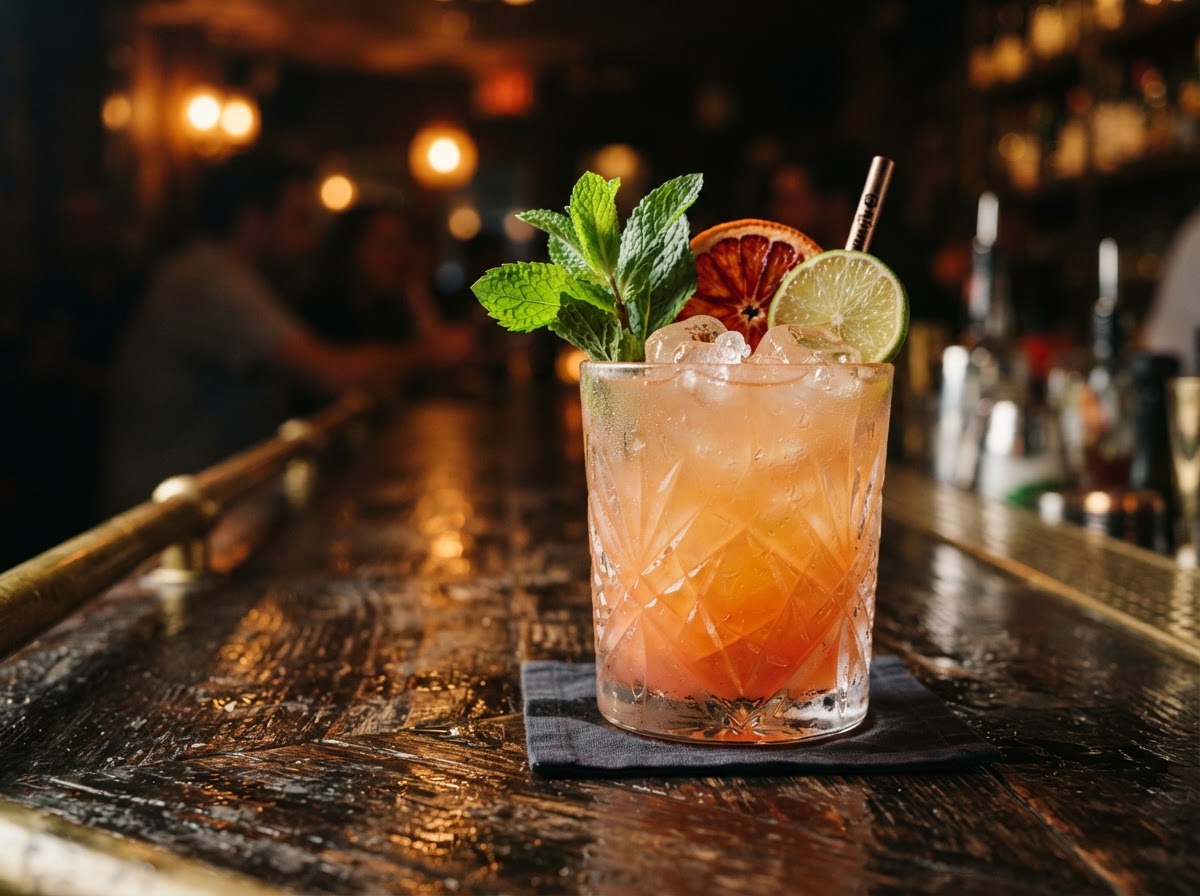 Refreshing cocktail with ice, citrus and mint