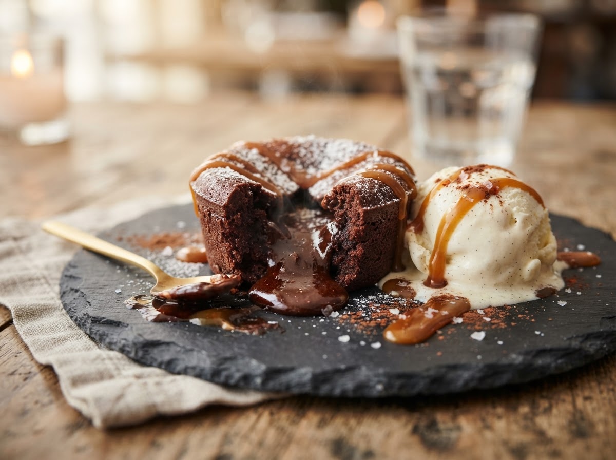 Chocolate lava cake with vanilla ice cream