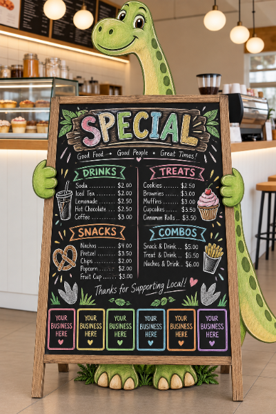 Friendly cartoon Dino Specials dinosaur mascot holding the chalkboard
