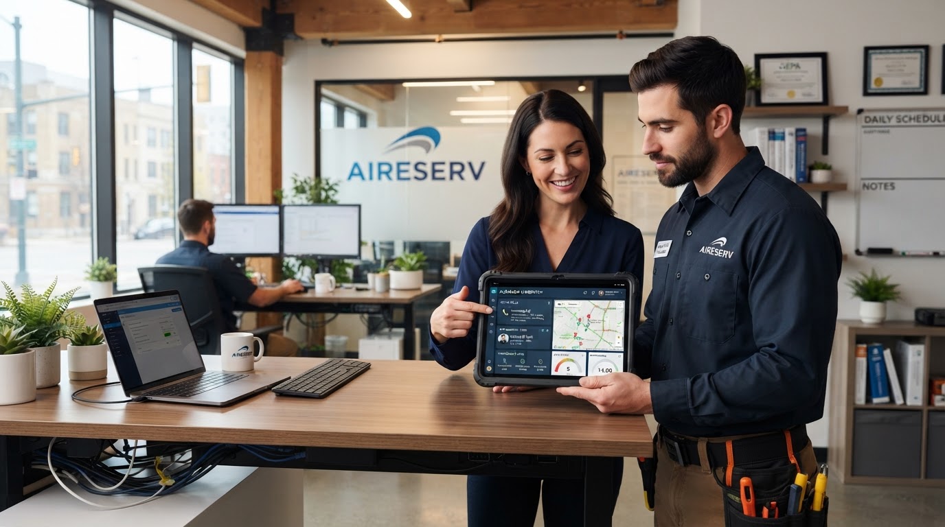 HVAC Manager and Technician reviewing AI Receptionist Dispatching