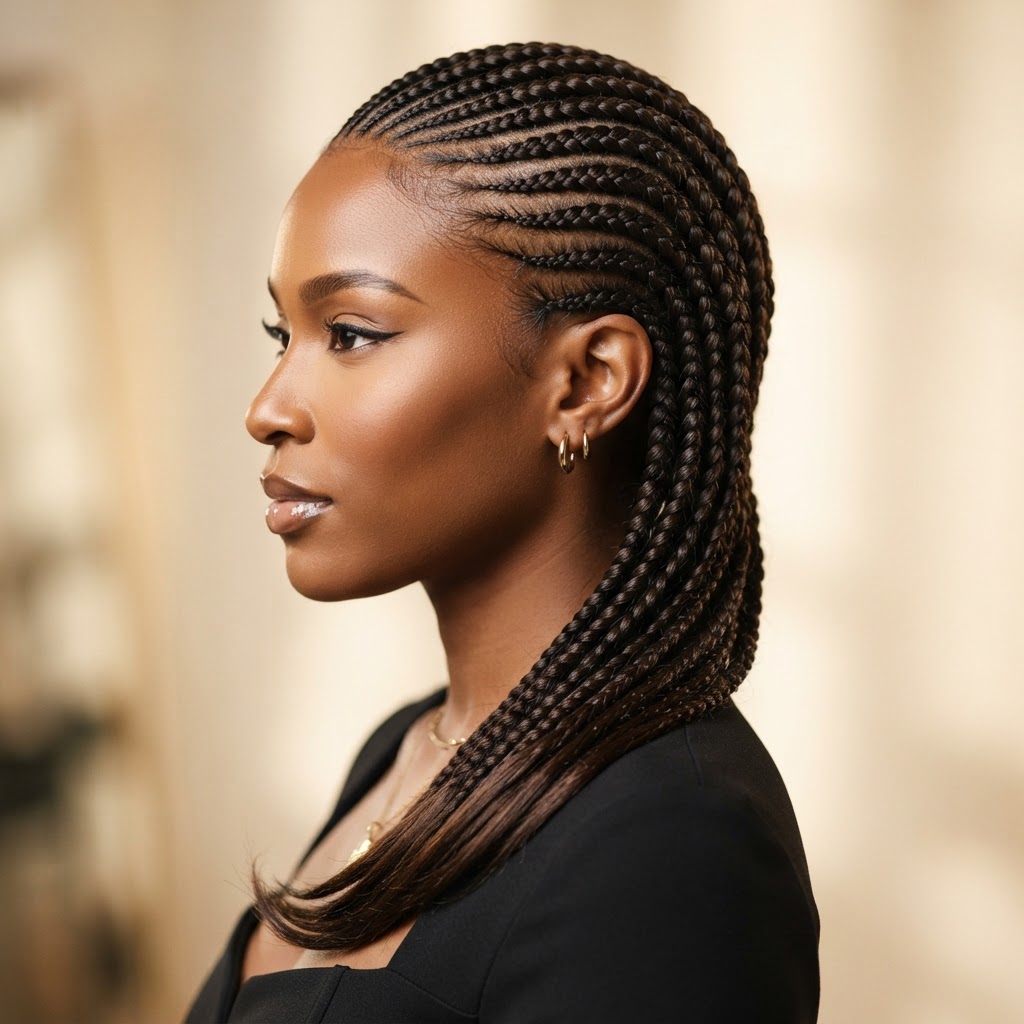 Classic Side-Swept Lemonade Braids at Omega African Hair Braiding Charlotte NC