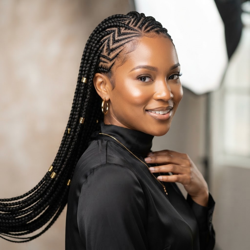 Zig-Zag Part Lemonade Braids at Omega African Hair Braiding Charlotte NC