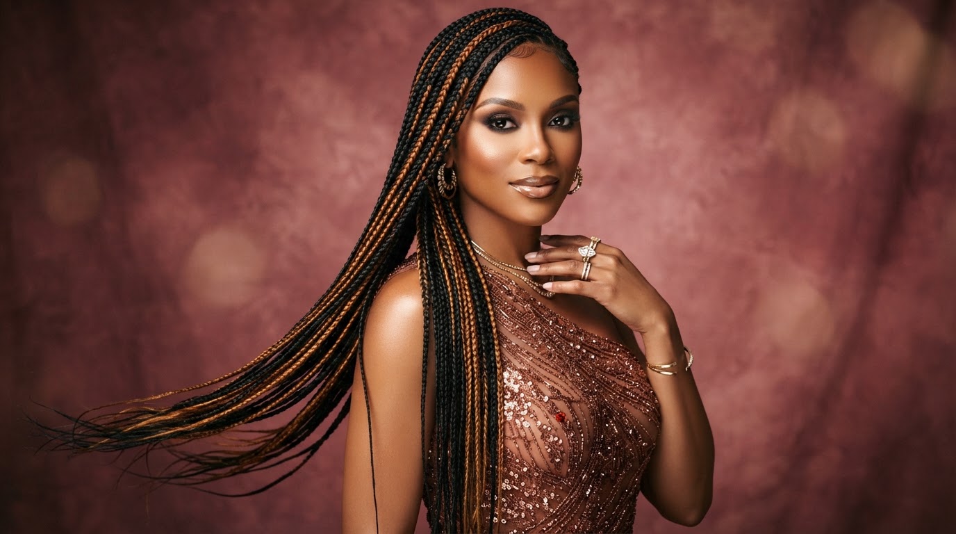 Woman with sleek side-swept lemonade braids at Omega African Hair Braiding in Charlotte NC