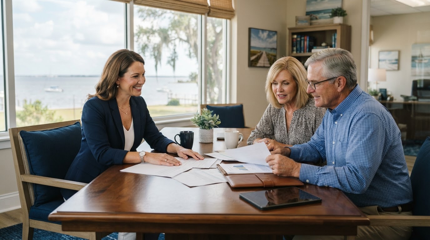 Professional financial planning consultation between an advisor and a couple at Coast Life & Finance in Long Beach, MS