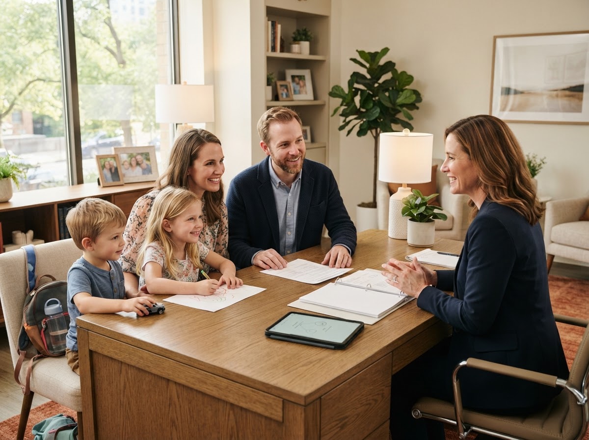 Family reviewing financial planning documents and education funding options in coastal Mississippi