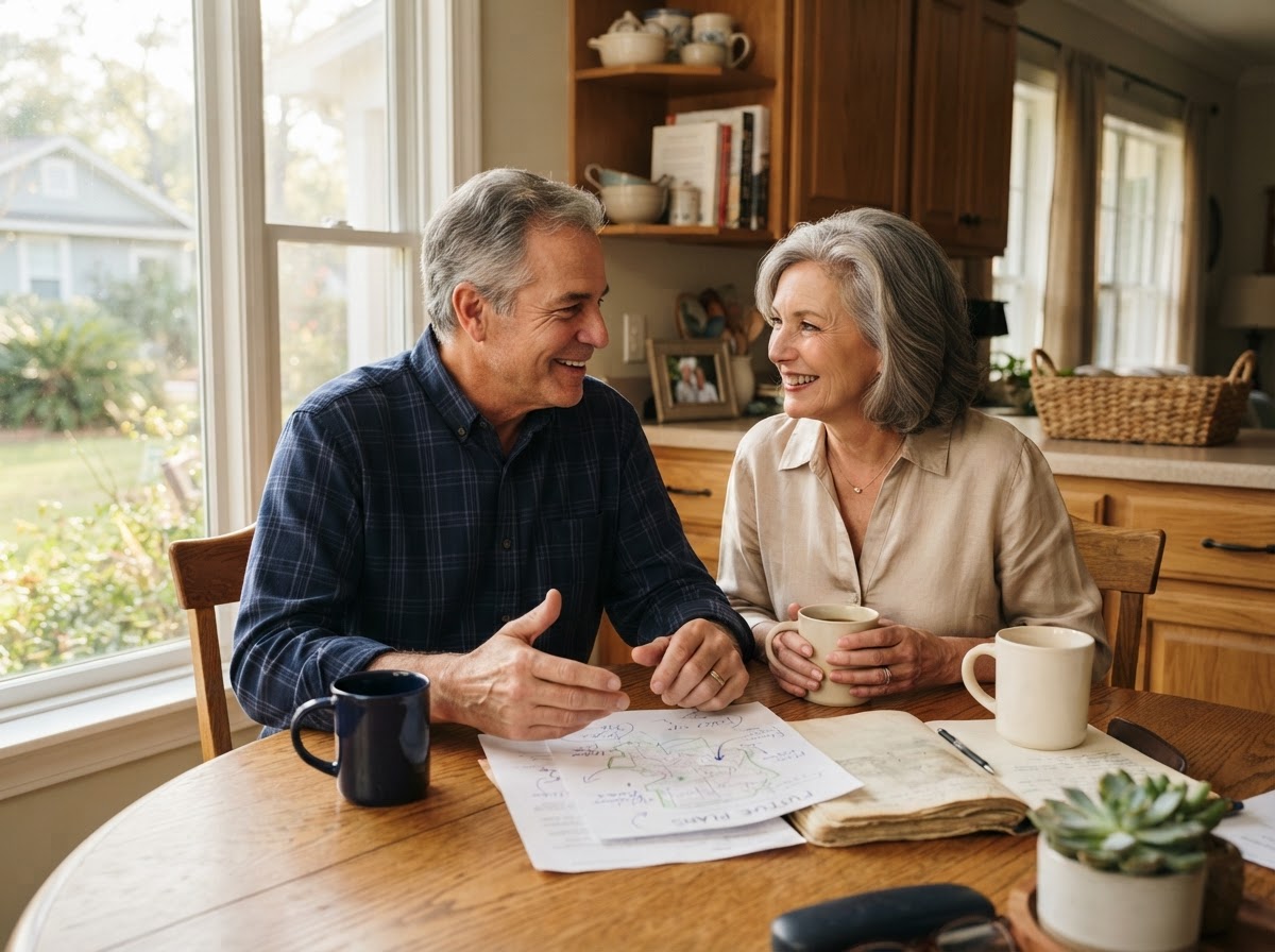 Family discussing financial planning and retirement goals in coastal Mississippi