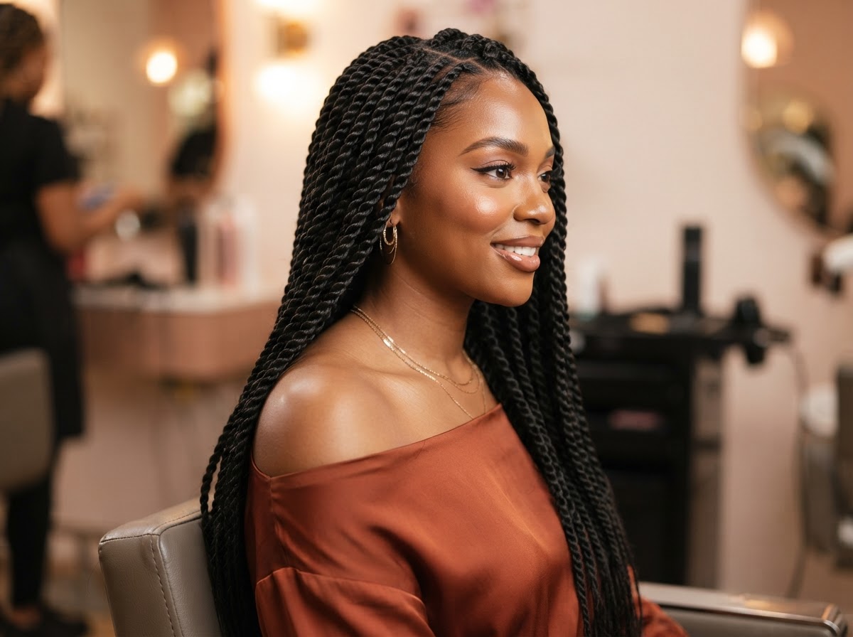 Sleek Senegalese twists styled at Omega African Hair Braiding in Charlotte NC