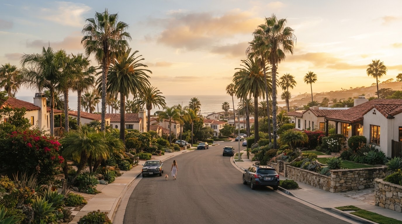 A warm Southern California coastal neighborhood in San Diego at golden hour