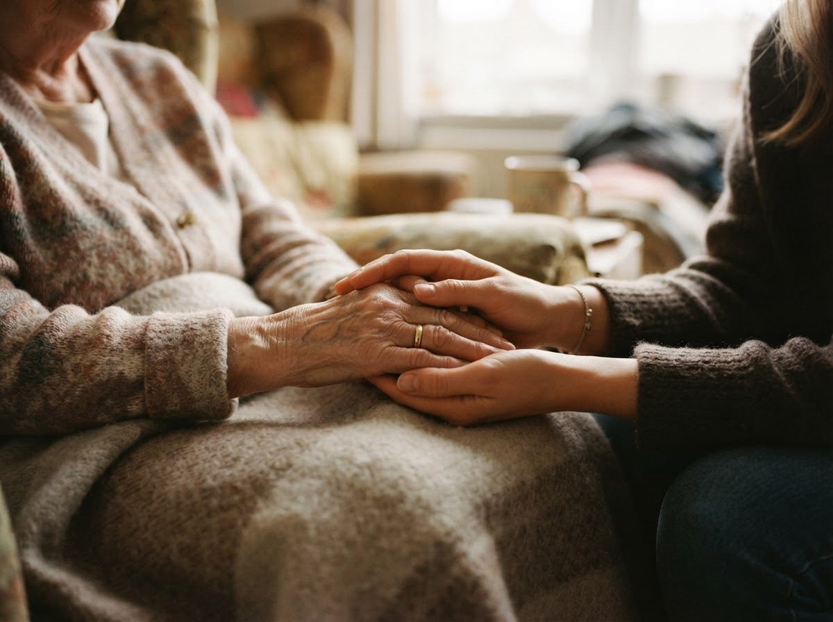 An elderly woman's hands held gently by a younger family member