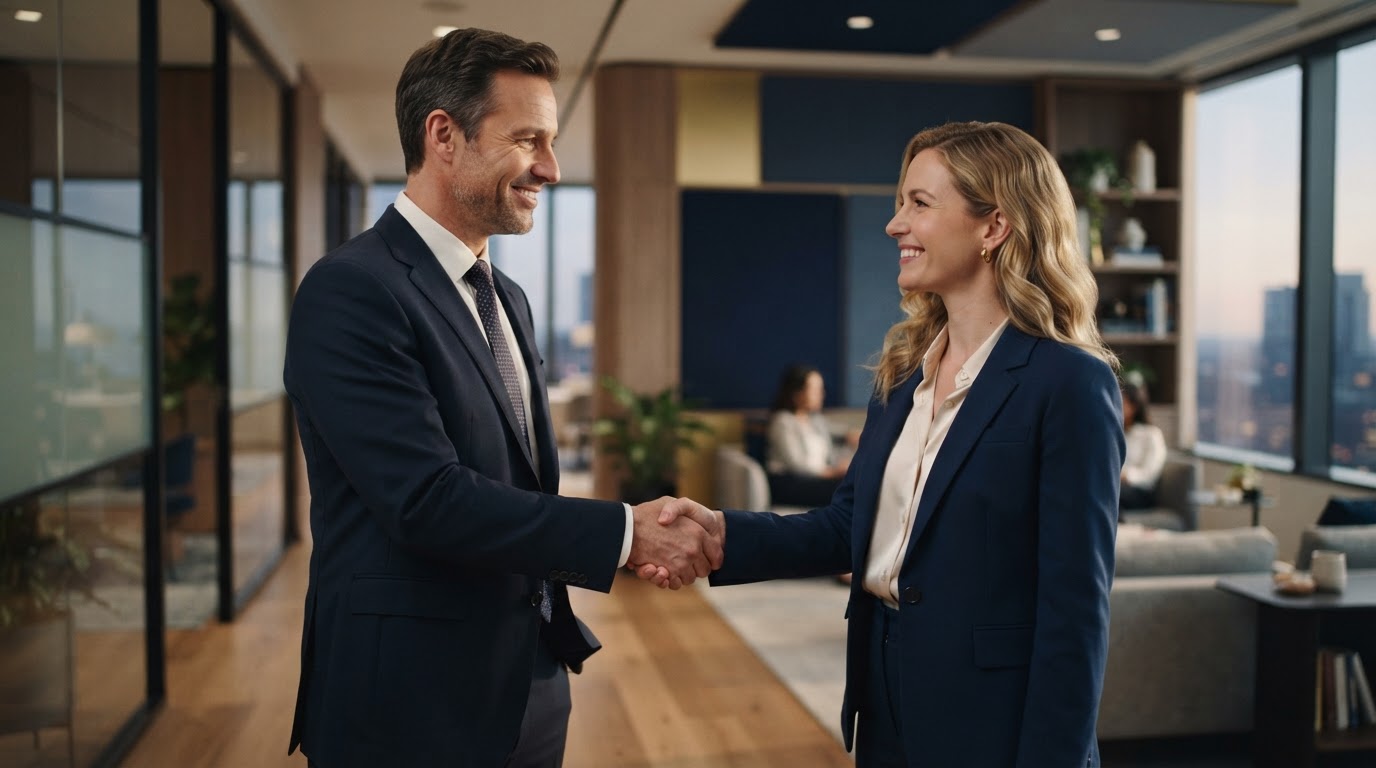 A customer shakes hands with a marketing professional, signaling a partnership.