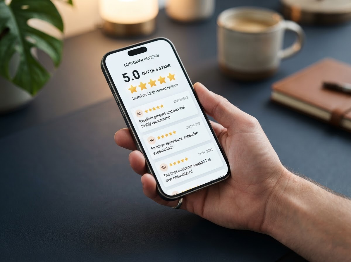 Five-star customer reviews displayed on a smartphone screen