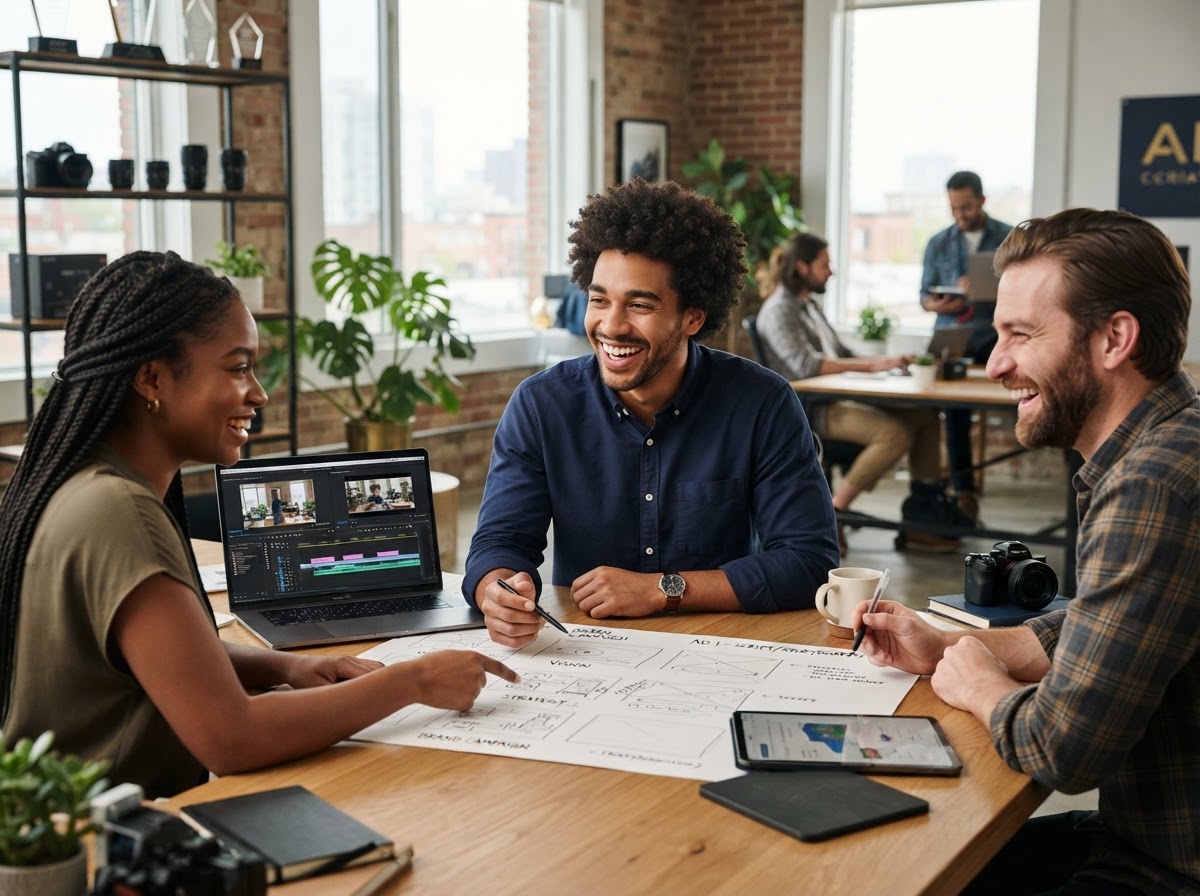 A diverse marketing team discusses video concepts and advertising strategy around storyboards.