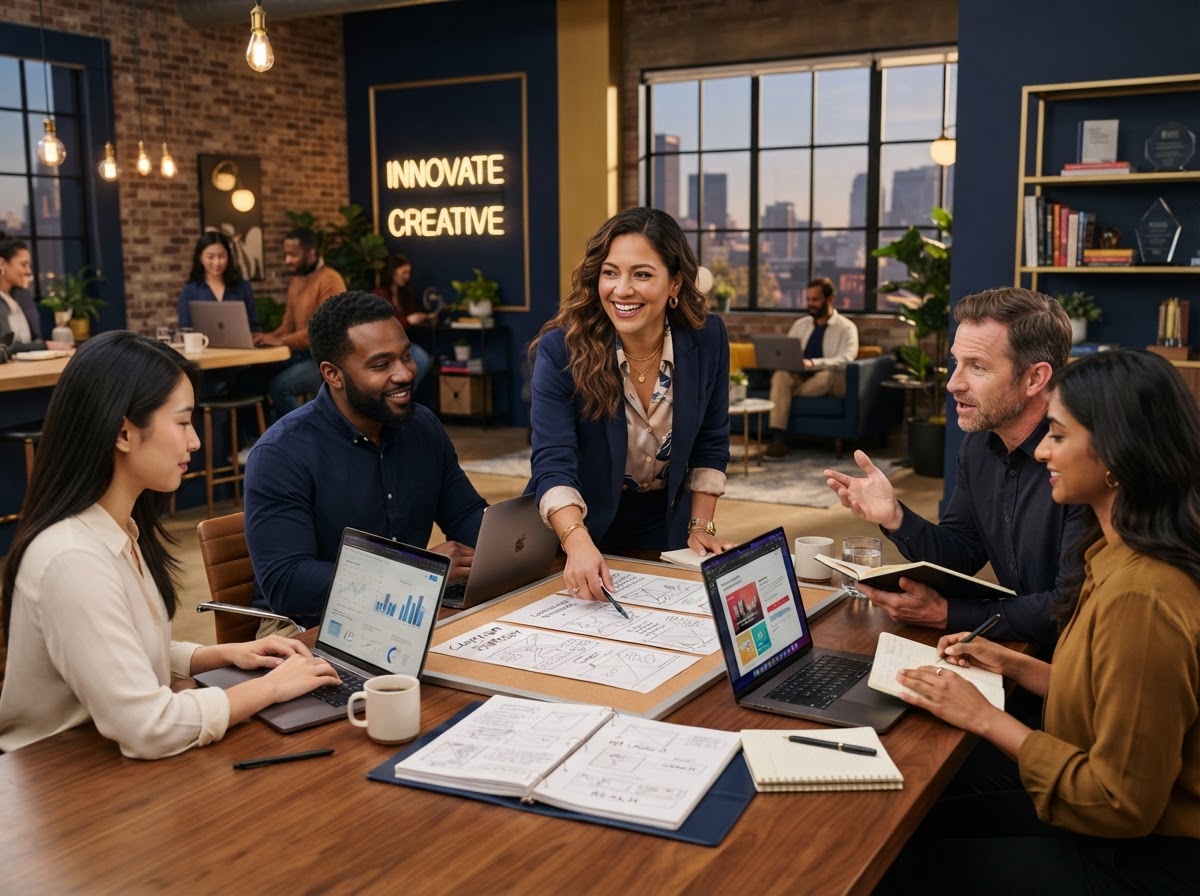 A marketing team collaborating on content and advertising strategy