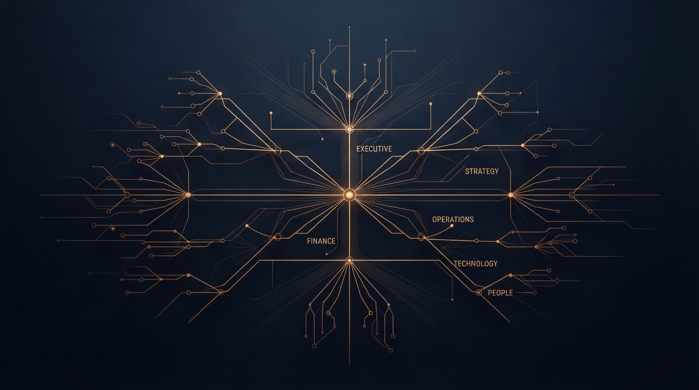 Abstract network of interconnected organizational nodes representing workplace systems