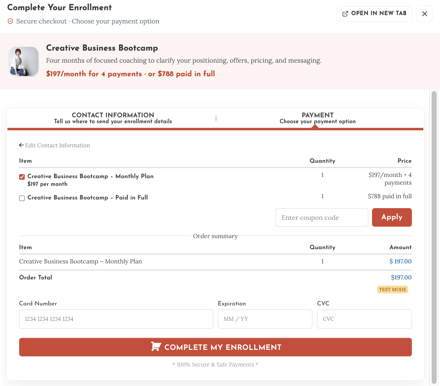 Creative Business Bootcamp Sales Funnel - Checkout Experience