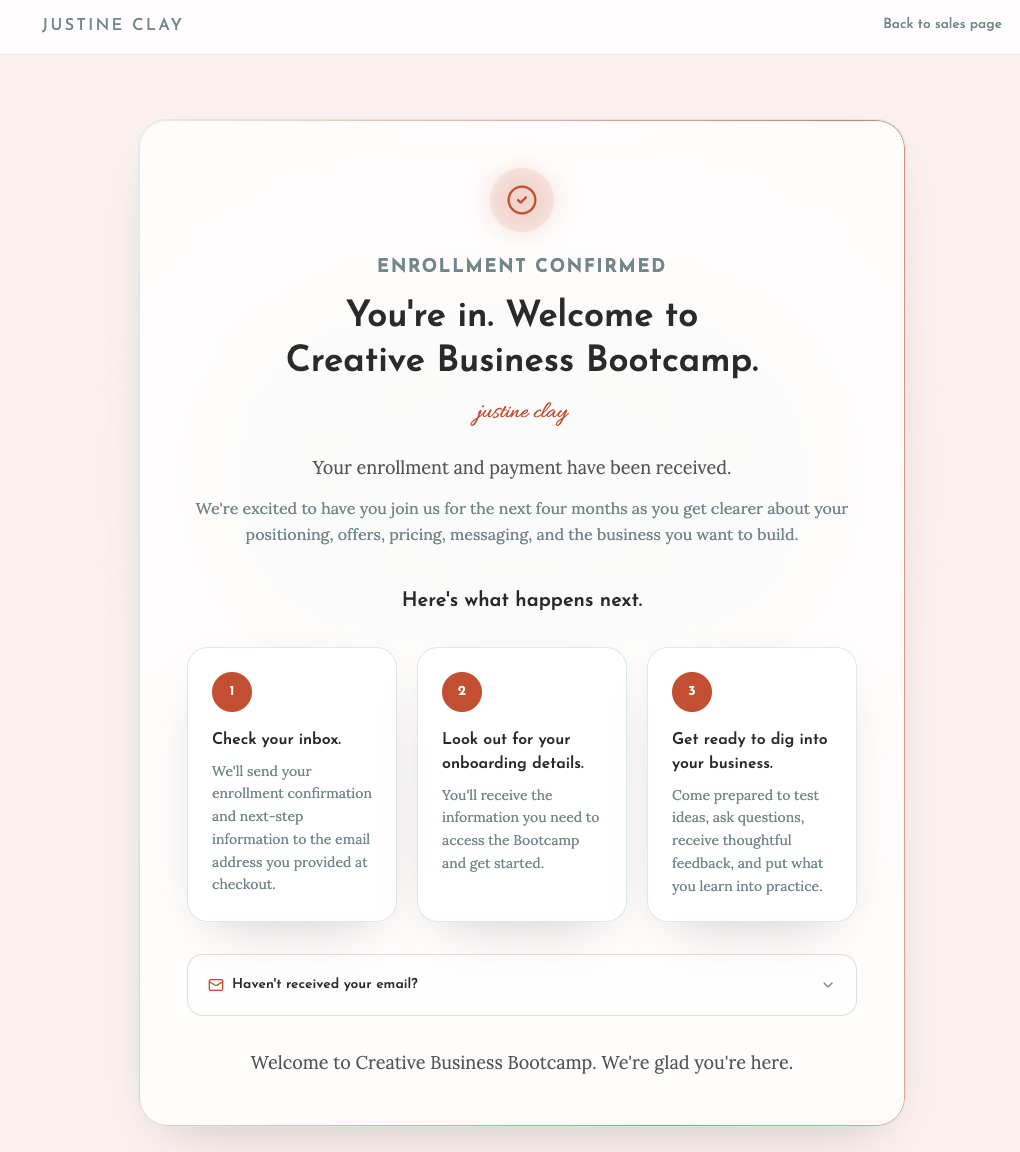 Creative Business Bootcamp Sales Funnel - Confirmation Page
