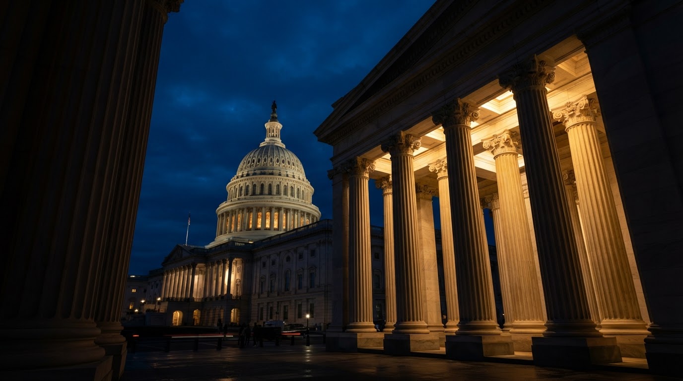 United States Capitol columns at twilight