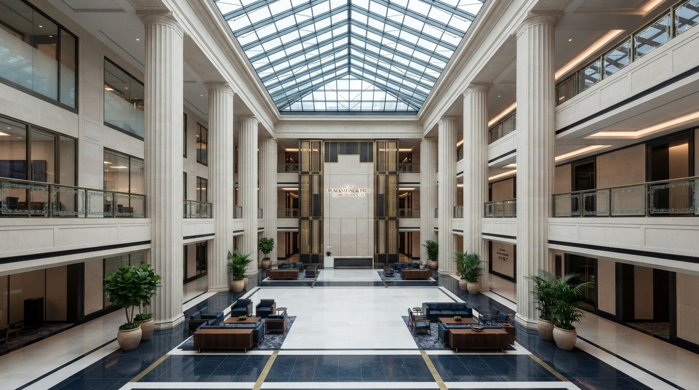 Architectural limestone colonnade representing national corporate governance