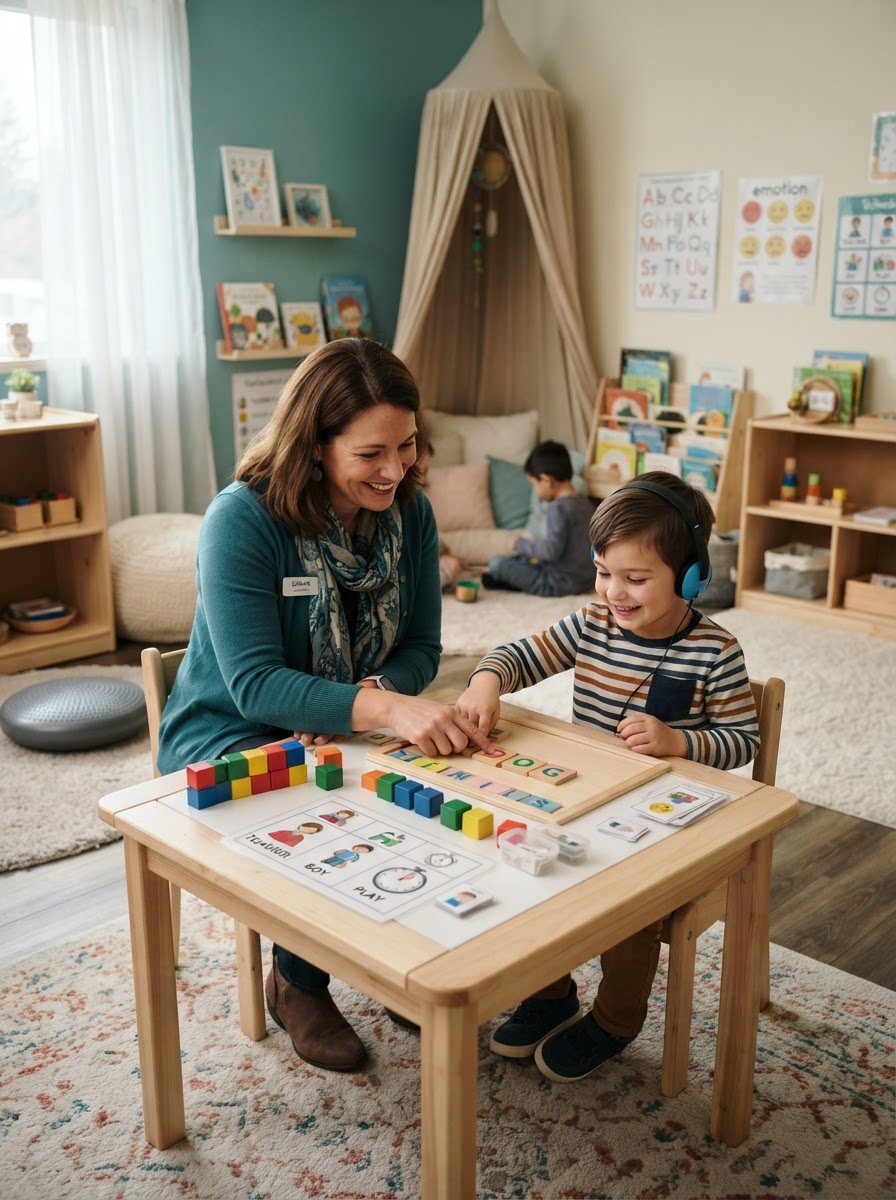 Specialized classroom setting with teacher and child working on customized learning materials