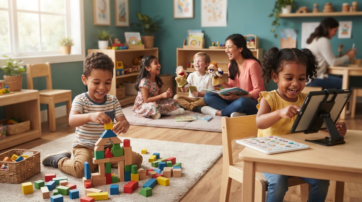 Children with autism joyfully engaged in varied developmental and communication activities