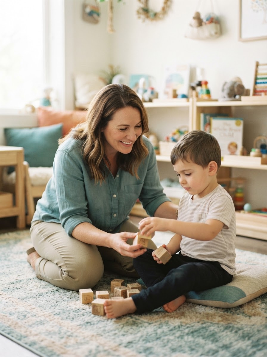 Therapist and educator gently guiding child through meaningful developmental skills