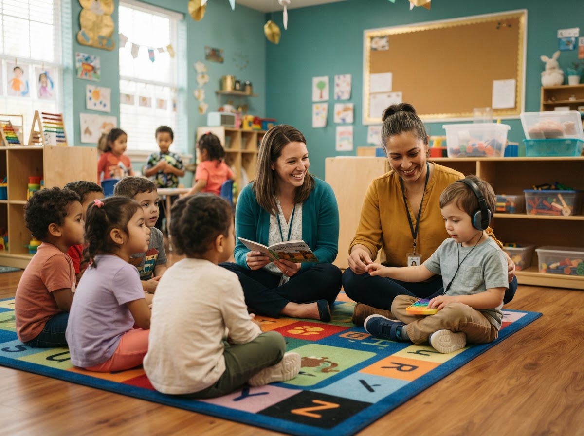 Behavioral consultant supporting a teacher and child during circle time in a bright daycare classroom