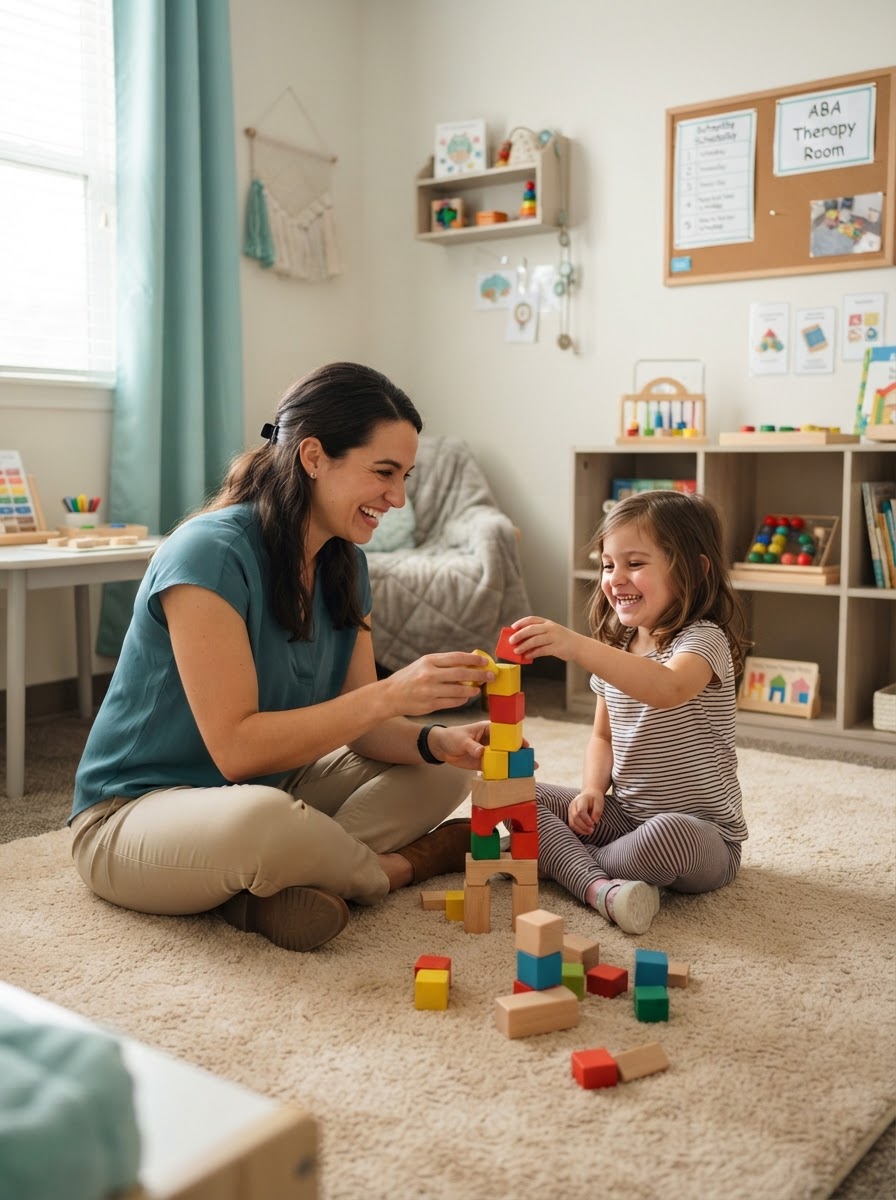 Child engaged in positive 1:1 ABA therapy building blocks and smiling